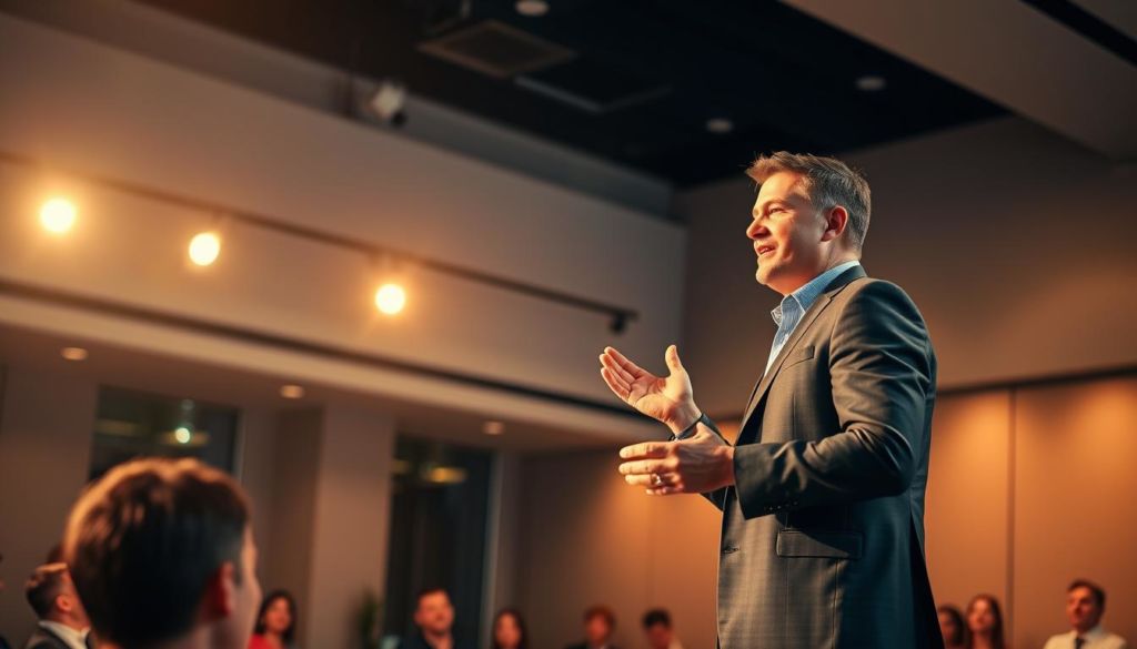 A motivated professional speaker stands confidently on a stage, illuminated by warm, focused lighting. They exude a charismatic presence, gesturing passionately as they deliver an inspiring speech. In the background, a sleek, modern conference room provides a sophisticated setting, with clean lines and neutral tones creating a polished, high-quality atmosphere. The camera captures the speaker from a slightly elevated angle, conveying their authority and command of the audience. The overall mood is one of motivation, energy, and a sense of empowerment shared between the speaker and their captivated listeners.