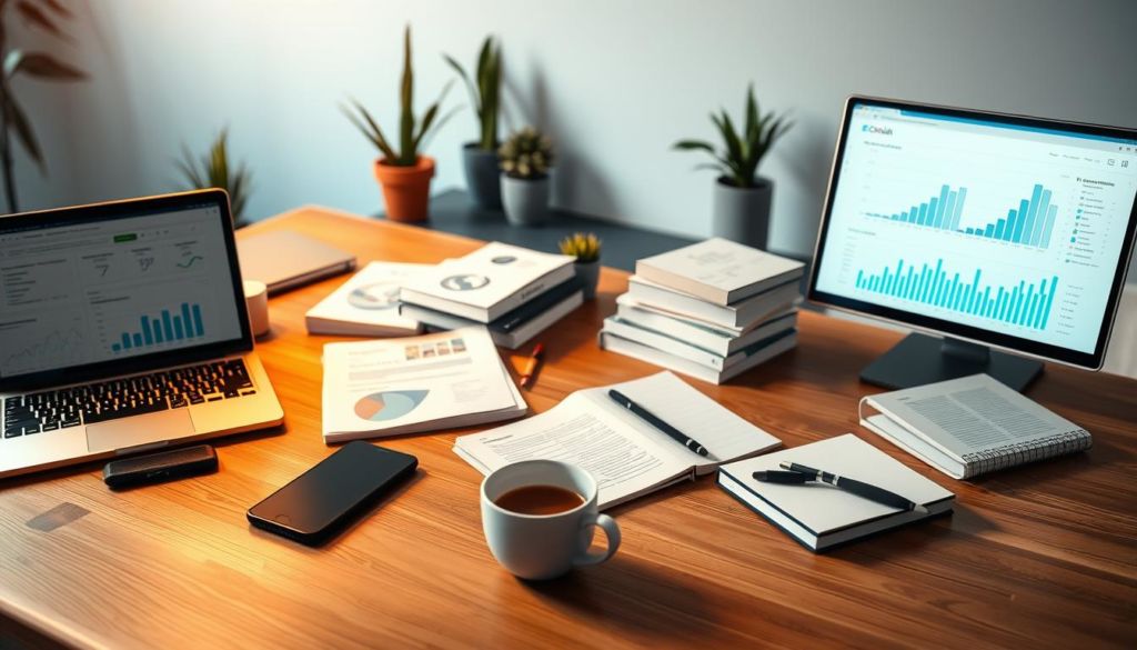 A neatly arranged collection of SEO tools on a wooden desktop, bathed in warm, directional lighting. In the foreground, a laptop, smartphone, and various analytic dashboards showcase data insights. In the middle ground, SEO-related books, notepads, and a cup of coffee create a productive workspace vibe. The background features a minimalist office environment with potted plants and muted tones, conveying a sense of focused productivity. The overall scene reflects the practical, research-driven nature of SEO, inviting the viewer to explore the essential tools for digital marketing success.