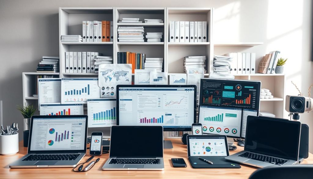 A neatly arranged collection of data marketing tools on a professional desk. In the foreground, various digital devices like laptops, tablets, and smartphones are positioned. The middle ground showcases a variety of software applications, charts, and analytics dashboards. In the background, shelves display reference books, reports, and other data-centric resources. Soft, directional lighting casts subtle shadows, creating a sense of depth and professionalism. The overall composition conveys an organized, analytical, and technology-driven data marketing workflow.