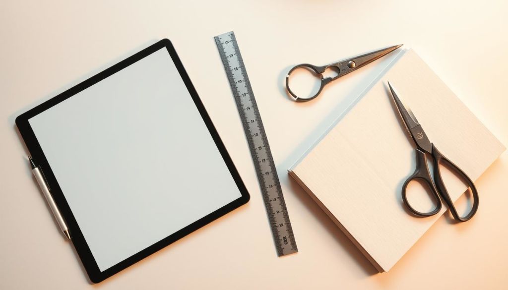 A neatly arranged collection of professional logo design tools, including a sleek graphic tablet, a streamlined pen, a minimalist ruler, a sharp pair of scissors, and an elegant sketchbook, all set against a soft, neutral background that enhances the focus on the tools. The lighting is soft and diffused, creating a warm, inviting atmosphere that evokes a sense of creativity and craftsmanship. The composition is balanced and symmetrical, with the tools positioned in a way that suggests their intended use in the process of logo design.