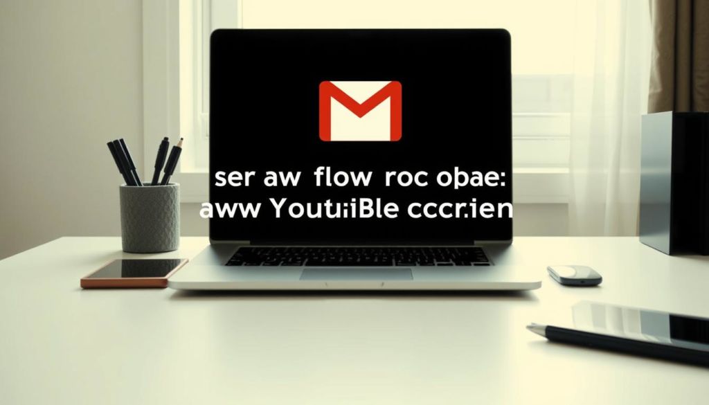 A neatly arranged desk with a sleek laptop and a professional-looking Gmail logo prominently displayed on the screen. The laptop is positioned in a three-quarter view, bathed in soft, natural lighting from a window in the background. The desk surface is clean and uncluttered, with a minimalist aesthetic that conveys a sense of efficiency and organization. The overall scene exudes a calm, productive atmosphere, setting the stage for the user to effortlessly create a new YouTube account using their Google email.