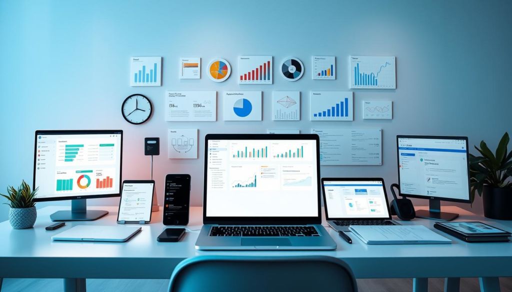 A neatly arranged set of professional-grade tools for product-led growth (PLG) strategies, including a laptop, smartphone, various software interfaces, analytics dashboards, and collaboration platforms, all illuminated by soft, diffused lighting in a modern, minimalist office setting. The tools are positioned to suggest an integrated, workflow-centric approach to implementing effective PLG programs for Brazilian businesses.