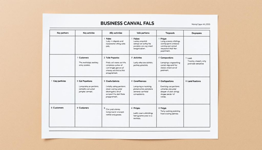 A neatly organized business canvas with a grid-like structure, featuring various sections such as key partners, key activities, value propositions, and customer segments. The canvas is rendered in a clean, minimalist style with soft, muted colors, evocative of a thoughtful, analytical approach to business modeling. The canvas is set against a backdrop of a subtle, textured paper-like surface, creating a sense of depth and tactility. The overall atmosphere conveys a sense of focus, purposeful exploration, and the process of validating and refining a business idea.