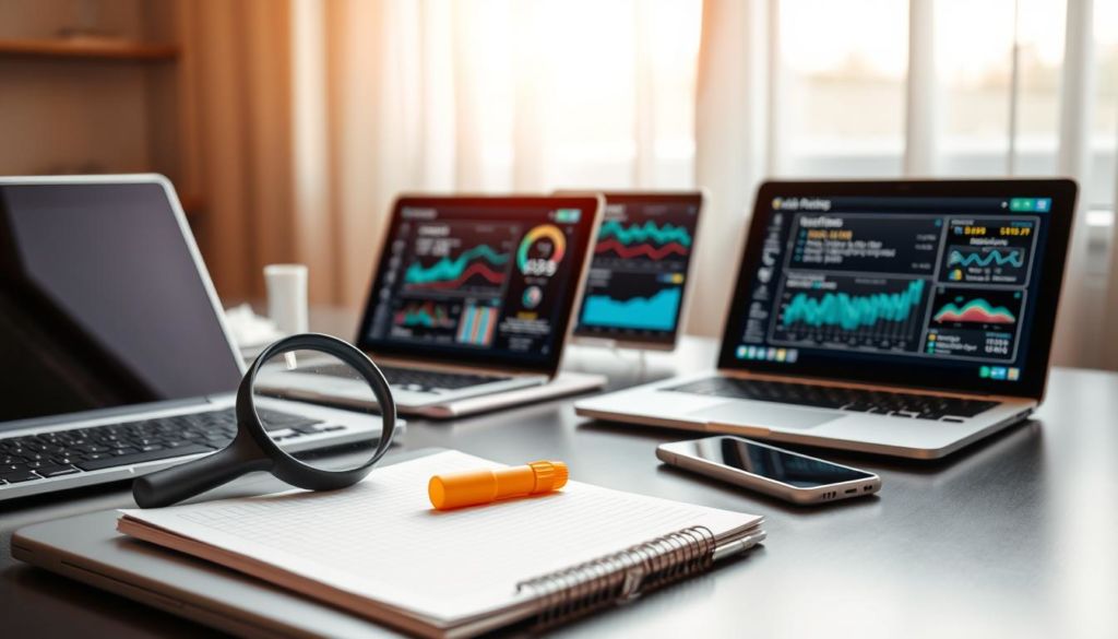 A neatly organized desk showcases a variety of lead tracking tools, including a laptop, tablet, and smartphone. In the foreground, a magnifying glass, highlighter, and notepad sit atop a sleek, minimalist workspace. The middle ground features an array of digital devices, each displaying insightful data and analytics related to lead generation and management. The background is softly lit, creating a warm, professional atmosphere, with a subtle gradient of natural light filtering through a window, casting a subtle glow on the scene. The image conveys a sense of efficiency, organization, and the streamlined process of effective lead tracking.