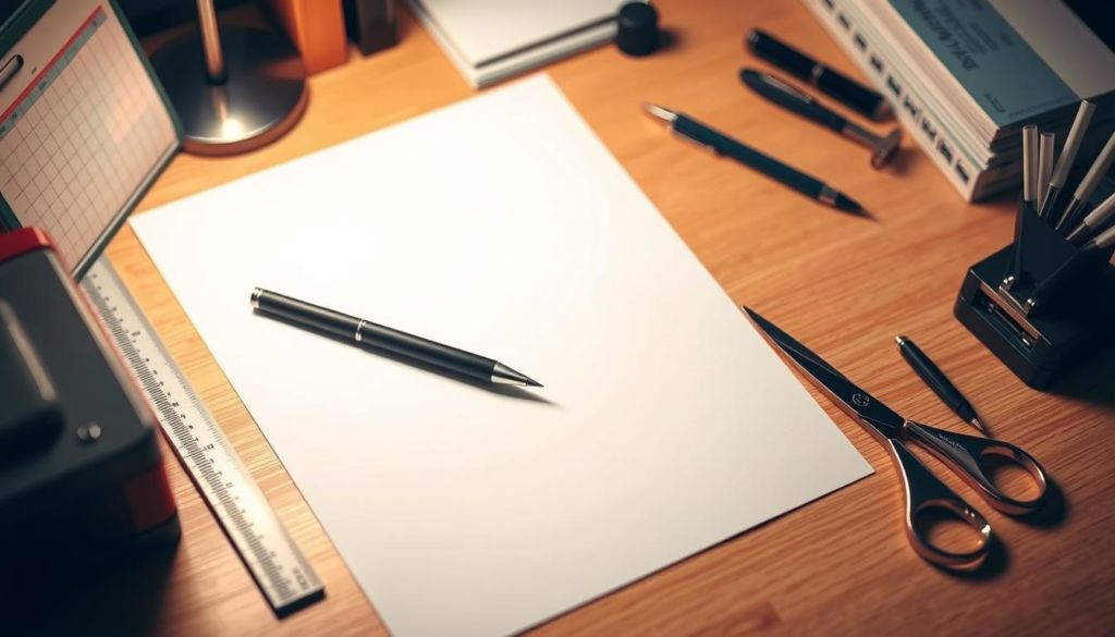 A neatly organized desk with a large blank paper sheet, a pen, and various office supplies such as a ruler, scissors, and a stapler. The lighting is soft and warm, creating a focused and contemplative atmosphere. The camera angle is slightly elevated, giving a clear view of the workspace and the tools ready to be used for crafting a video script. The background is blurred, hinting at the creative process about to unfold, as the viewer is drawn to the center of the frame where the essential elements for developing an effective video narrative are assembled.