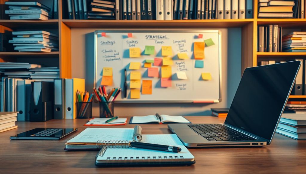 A neatly organized desk with a variety of productivity tools and office supplies for goal management. In the foreground, a laptop, a notebook, and a pen stand in a geometric arrangement, while in the middle ground, a whiteboard with strategic notes, sticky notes, and colored markers can be seen. In the background, shelves hold various books, binders, and folders, creating a professional, focused atmosphere. The lighting is warm and directional, casting subtle shadows that accentuate the textures of the materials. The overall scene conveys a sense of purposeful, methodical goal-setting and tracking.