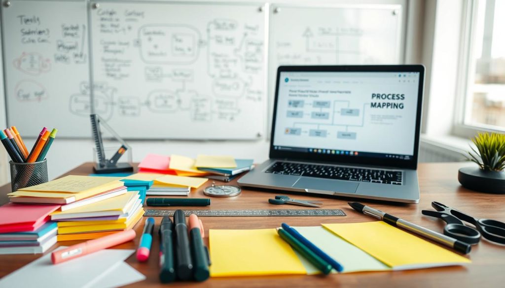 A neatly organized office desk with various process mapping tools laid out meticulously. In the foreground, a collection of colorful sticky notes, highlighters, and pens arranged in an aesthetically pleasing manner. The middle ground features a laptop displaying a process flow diagram, alongside a ruler, protractor, and a set of scissors. In the background, a clean whiteboard with a grid of scribbled notes and diagrams, illuminated by natural light filtering through a large window. The overall mood is one of focused productivity and organized chaos, reflecting the complexities of process mapping.