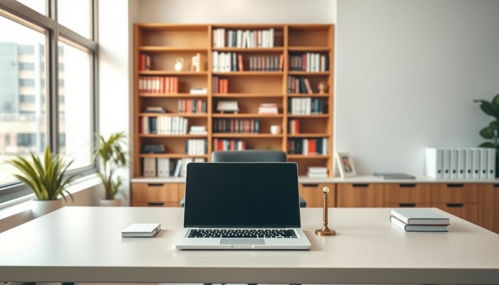A neatly organized office space, with a sleek, minimalist desk centered in the foreground. On the desk, a laptop, a stack of papers, and a pen stand symbolizing the "Metas de Vendas" (Sales Goals) concept. The mid-ground features a bookshelf filled with business-related books, adding an air of professionalism. The background showcases a large window, allowing natural light to stream in and create a bright, airy atmosphere. The overall color palette is a harmonious blend of warm and cool tones, conveying a sense of productivity and success. The lighting is soft and even, creating subtle shadows that add depth and dimension to the scene.