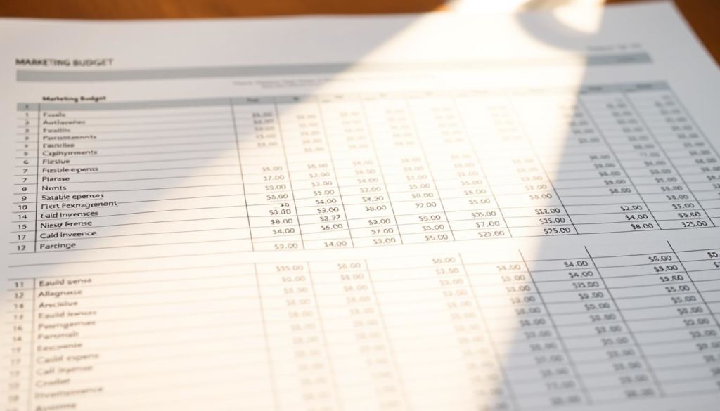 A neatly organized spreadsheet, with rows and columns meticulously arranged, showcasing the intricate structure of a comprehensive marketing budget. The foreground features a clean, minimalist design with balance and symmetry, highlighting the key line items and corresponding figures. The middle ground offers a deeper dive into the budget's categorization, with clear delineations between fixed costs, variable expenses, and investment allocations. In the background, a soft, neutral color palette creates a sense of professionalism and attention to detail, emphasizing the importance of this financial planning tool. Illuminated by warm, diffused lighting that casts subtle shadows, the image conveys a mood of thoughtful deliberation and strategic decision-making.