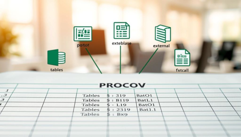 A neatly organized spreadsheet with the "PROCV" function prominently displayed, surrounded by icons and visual cues representing different types of data lookup and retrieval methods. The foreground features a close-up view of the "PROCV" function, with its parameters and syntax clearly visible, while the middle ground showcases various data sources, including tables, databases, and external files. The background depicts a softly blurred office environment, hinting at the practical applications of this Excel tool in a professional setting. The lighting is warm and natural, creating a sense of productivity and efficiency. The overall composition and color palette convey a sense of order, organization, and the power of data analysis.