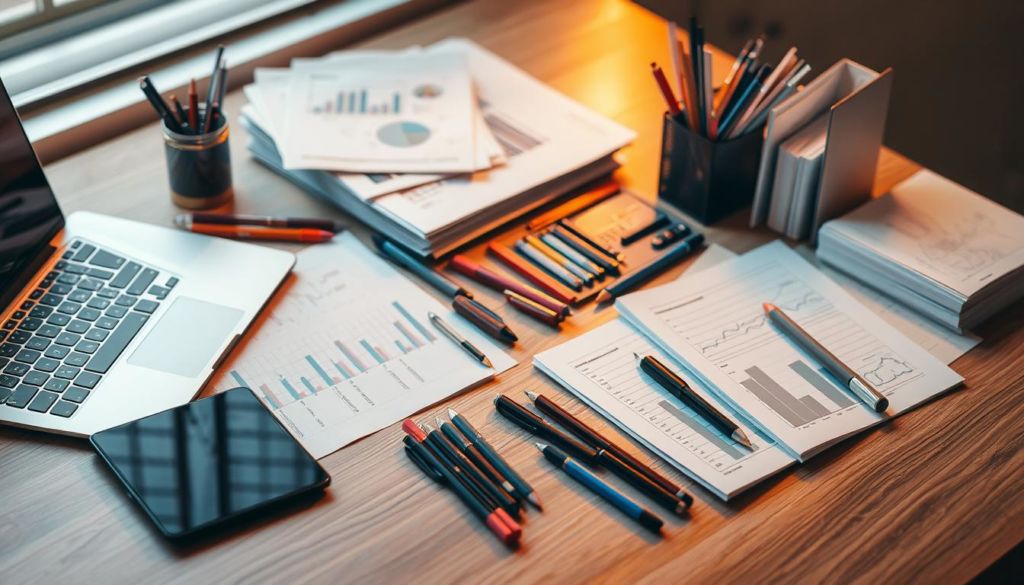 A neatly organized workspace with a variety of analytical tools, including a laptop, a tablet, a stack of reports, and an array of stationery items. The scene is bathed in warm, focused lighting, creating a productive and contemplative atmosphere. The arrangement of the elements suggests a structured approach to data analysis, with a sense of diligence and attention to detail. The overall composition conveys a professional, well-curated environment dedicated to the careful examination of information.