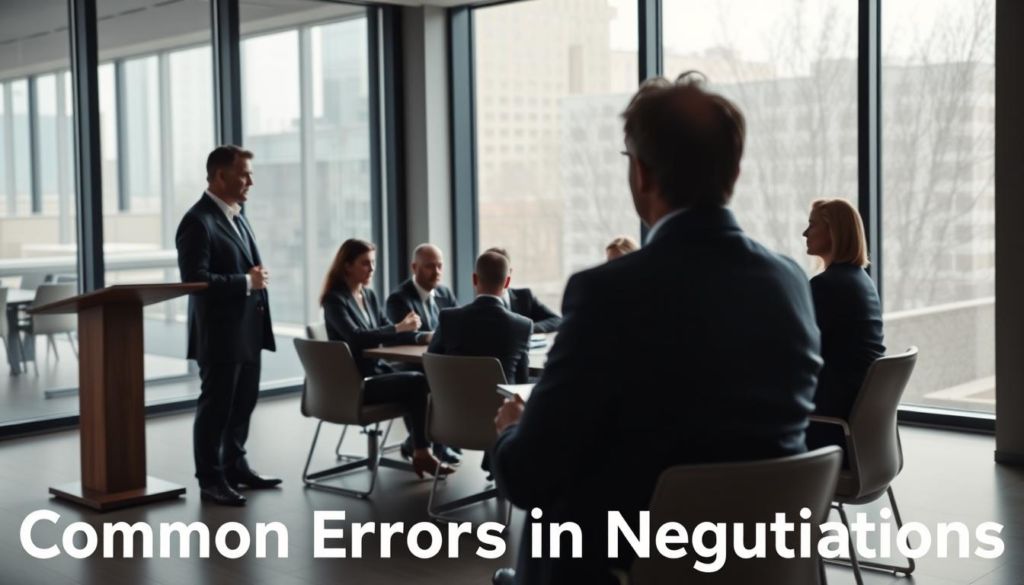 A negotiation skills training session for lawyers, with a serious, professional atmosphere. In the foreground, a lawyer stands at a podium, engaging the audience with a presentation. The middle ground features a group of lawyers seated at a conference table, taking notes and exchanging ideas. The background showcases a modern, minimalist office setting with large windows, allowing natural light to filter in and create a sense of openness and collaboration. The lighting is soft and diffused, creating a sense of focus and attention. The camera angle is slightly elevated, giving a sense of authority and expertise. The overall mood is one of focused, productive negotiation training, reflecting the subject matter and the section title "Common Errors in Negotiations".