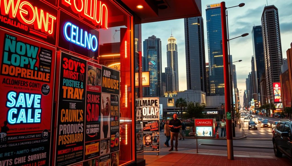 A neon-lit storefront displaying an array of vibrant, eye-catching advertisements. In the foreground, a series of bold, typographic posters showcase a range of products and services, each with a distinct visual style and captivating call-to-action. The middle ground features a dynamic window display, filled with arresting imagery and striking color palettes that draw the viewer's attention. In the background, the cityscape recedes into the distance, its towering skyscrapers and bustling streets creating a sense of energy and urban vitality. The scene is bathed in a warm, golden glow, evoking a sense of optimism and commercial allure. The overall composition conveys the power and persuasiveness of effective advertising, capturing the essence of the "mensagem publicitária" in a visually striking and conceptually compelling manner.