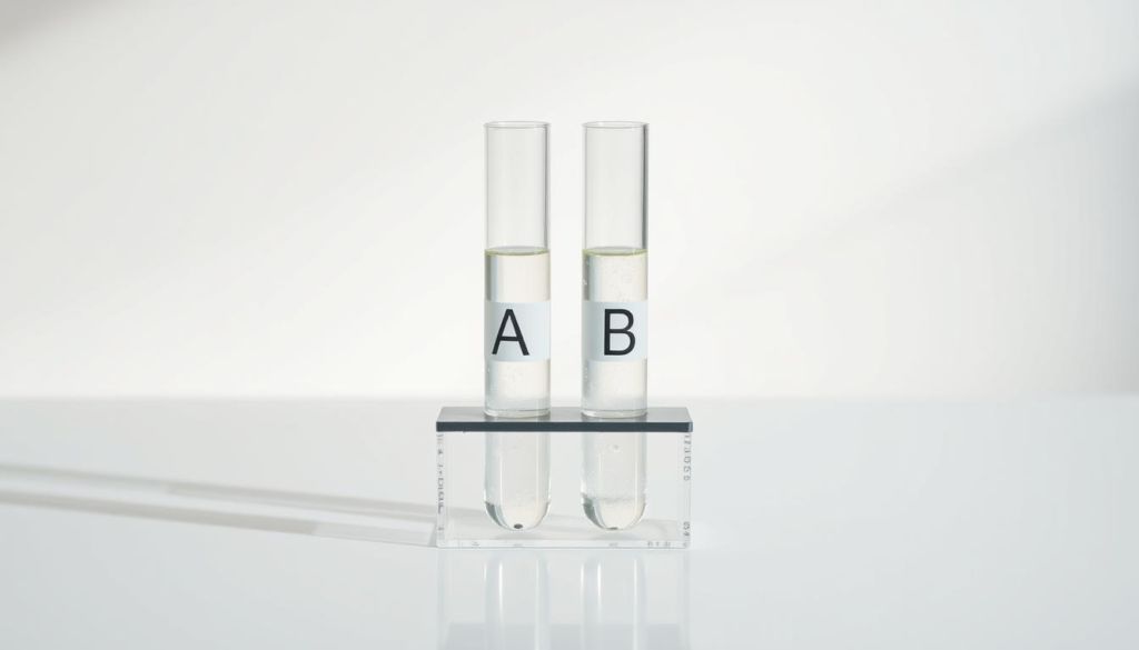 A pair of test tubes, one labeled "A" and the other "B", sit on a sleek, minimalist laboratory bench. The lighting is crisp and clean, casting subtle shadows that emphasize the scientific precision of the scene. The glass containers are filled with a clear, bubbling liquid, hinting at the scientific experiments in progress. The background is a neutral, off-white tone, keeping the focus on the test tubes and their contents. The overall atmosphere is one of careful, methodical investigation, reflecting the spirit of A/B testing and experimentation.