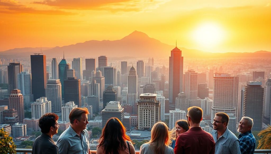 A panoramic shot of a bustling city skyline, illuminated by the warm glow of the setting sun. In the foreground, a group of successful entrepreneurs gather, engaged in animated conversation, their faces exuding a sense of pride and accomplishment. The middle ground showcases a diverse array of modern, high-rise buildings, each a testament to the ingenuity and hard work of those who have carved their paths to success. In the background, a majestic mountain range rises, symbolizing the challenges and obstacles that have been overcome. The scene conveys a sense of inspiration, ambition, and the relentless pursuit of dreams, capturing the essence of the "Histórias inspiradoras de sucesso" that have defined the Brazilian entrepreneurial landscape.