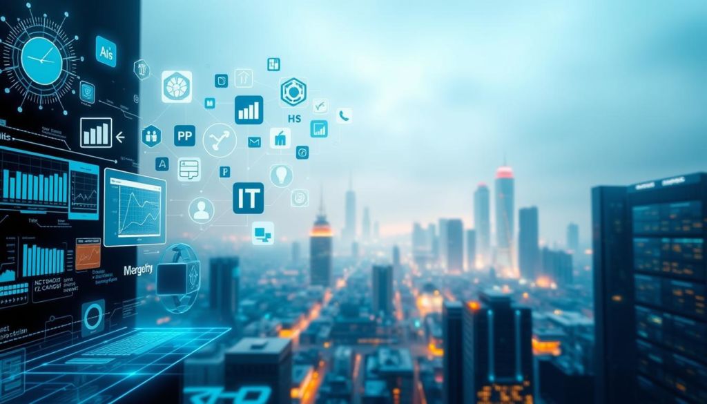 A panoramic view of a digital landscape, with a central focus on the integration between marketing and IT. In the foreground, various tech icons and symbols float and interact, symbolizing the convergence of these two disciplines. The middle ground features futuristic user interfaces, data visualizations, and digital analytics tools. In the background, a hazy city skyline with skyscrapers and glowing servers conveys the sense of a networked, technologically-driven world. The lighting is a mix of cool, digital tones and warm, organic hues, creating a visually striking and forward-looking aesthetic. The overall mood is one of dynamic synergy, innovation, and the shaping of new paradigms in the digital age.
