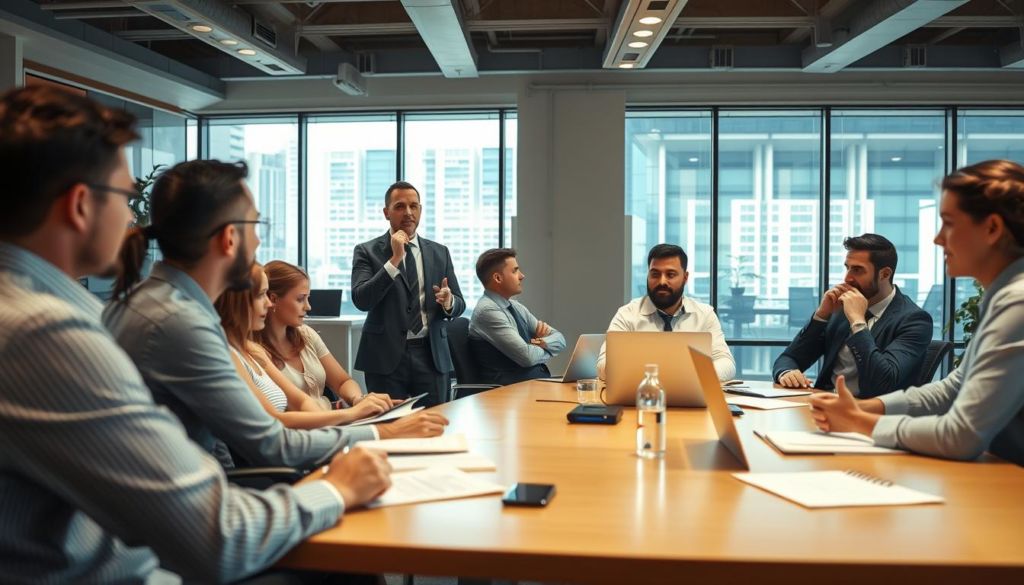 A panoramic view of a sales team engaged in prospecting activities. In the foreground, a salesperson stands confidently, making a presentation to a group of potential clients seated around a conference table. The middle ground features other members of the team, some making calls, others reviewing documents, all with a focused, determined expression. The background depicts a modern, well-appointed office space, complete with floor-to-ceiling windows allowing natural light to flood the scene. The overall atmosphere conveys a sense of productivity, professionalism, and the thrill of the hunt for new business opportunities. The lighting is soft and warm, creating a welcoming and approachable ambiance.