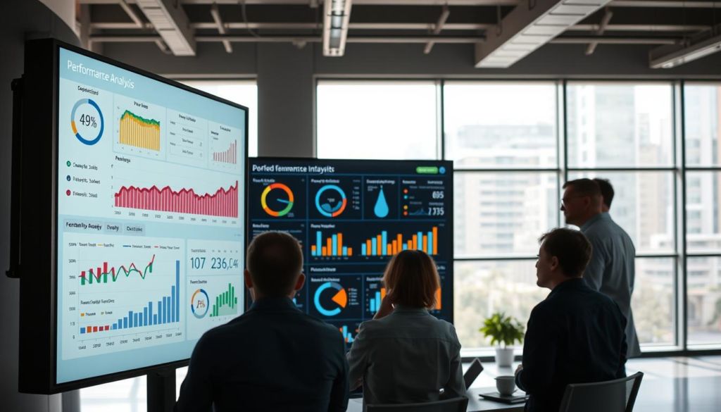 A performance analysis dashboard displayed on a large monitor, showcasing key metrics and visualizations. The foreground features a sleek, minimalist interface with colorful graphs, charts, and KPIs tracking sales, customer interactions, and team productivity. The middle ground shows a team of data analysts and business intelligence experts studying the dashboard, discussing insights and making informed decisions. The background depicts an open-plan office with floor-to-ceiling windows, allowing natural light to illuminate the scene and create a modern, professional atmosphere. The lighting is soft and even, with strategic shadows and highlights emphasizing the technology and human collaboration. The camera angle is slightly elevated, providing an authoritative, bird's-eye perspective on the performance analysis process.
