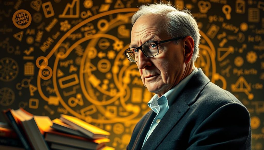 A portrait of Philip Kotler, the renowned marketing scholar, set against a backdrop of marketing concepts and ideas. Kotler stands in a pensive pose, his gaze focused, his features illuminated by warm, directional lighting that casts subtle shadows, creating a sense of depth and dimension. The foreground showcases Kotler's iconic publications, meticulously arranged to highlight his significant contributions to the field of marketing. The middle ground features a swirling array of marketing symbols, graphs, and equations, hinting at the complexity and dynamism of the discipline he has shaped. The background offers a subtly blurred, abstract representation of the ever-evolving landscape of modern marketing, reflecting Kotler's lasting influence and the field's continued advancement.