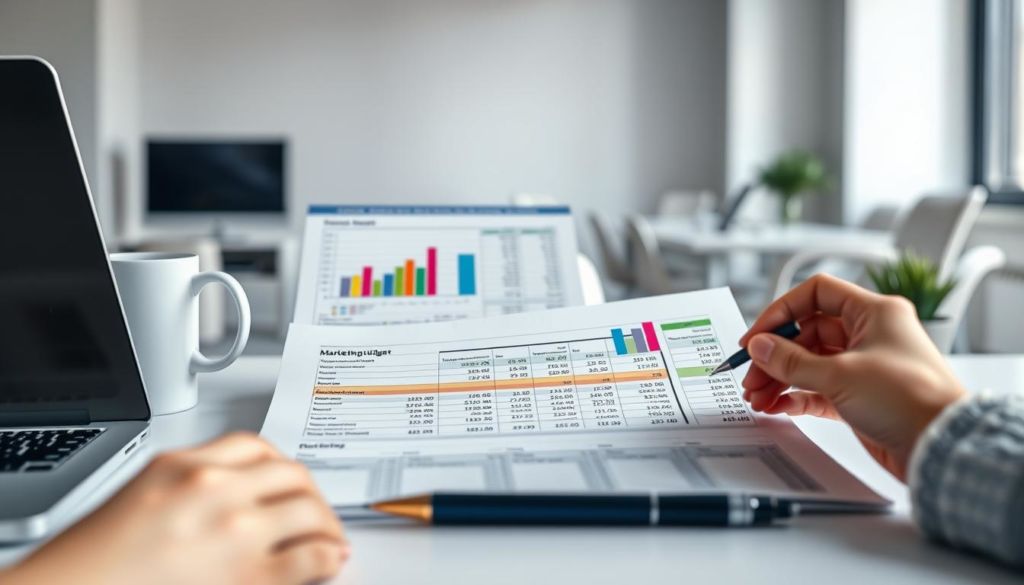 A practical marketing budget visualization featuring a well-organized financial spreadsheet, with colorful graphs and charts showcasing key data points. The foreground depicts a modern office desk setup, with a laptop, coffee mug, and a pen in hand, suggesting an analytical, professional work environment. The middle ground presents the detailed budget spreadsheet, its cells filled with numerical data and formulas. The background blurs into a minimalist, light-filled office space, conveying a sense of focus and productivity. The overall mood is one of careful planning, strategic analysis, and data-driven decision-making, suitable for illustrating a section on practical marketing budget examples.