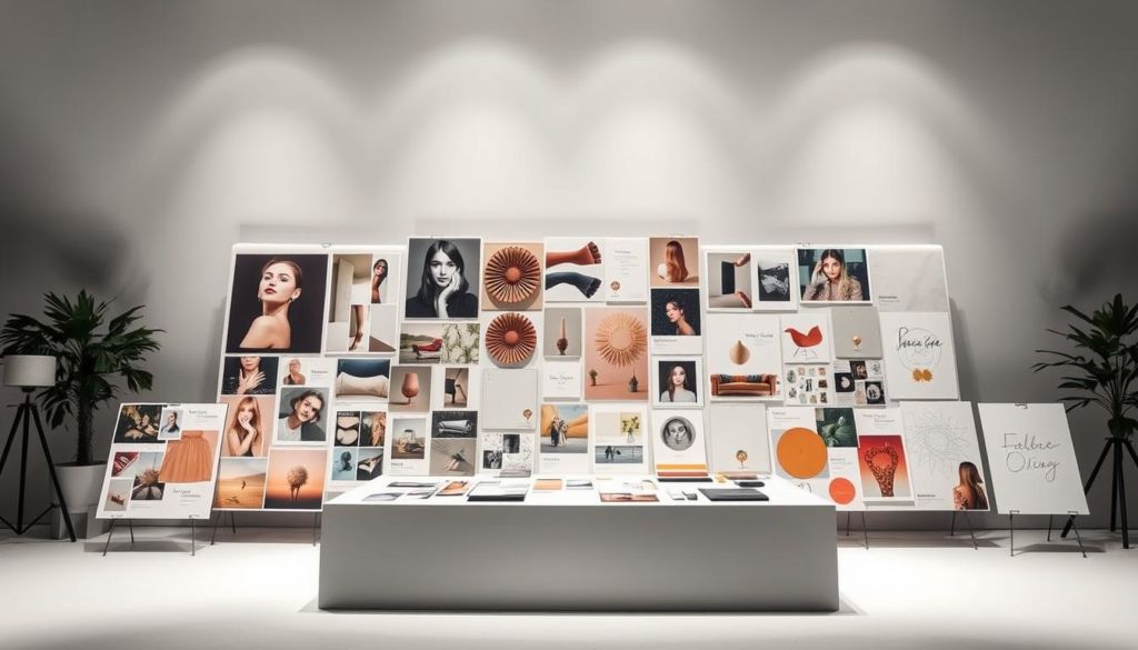 A presentational display showcasing a diverse moodboard. In the foreground, a neatly arranged collection of inspiring visual elements - photographs, fabric swatches, color palettes, and sketches - all carefully curated to convey a distinct creative vision. The middle ground features a minimalist table or podium, serving as a stage for the moodboard, illuminated by soft, directional lighting that casts dramatic shadows. The background is a clean, neutral space, allowing the moodboard to take center stage and command attention. The overall atmosphere is one of professionalism, creativity, and thoughtful presentation, inviting the viewer to engage with the carefully crafted moodboard.