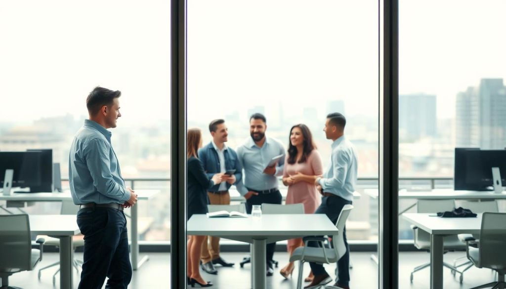 A pristine, fully transparent glass window stands in the foreground, casting a soft, diffused light on the scene. Through the window, we see a modern office setting with clean, minimalist desks and chairs arranged in an open layout. In the middle ground, a diverse group of professionals engage in lively, face-to-face discussions, their expressions open and their body language conveying a sense of trust and collaboration. The background is a blurred cityscape, hinting at the broader context in which this transparent communication takes place. The overall mood is one of openness, transparency and efficient, productive teamwork.