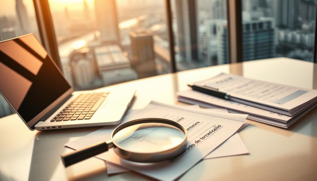 A pristine office desk with a laptop, calculator, and a stack of financial documents neatly arranged, illuminated by warm, diffused lighting from a large window overlooking a bustling city skyline. In the foreground, a magnifying glass hovers over the documents, hinting at the careful analysis of the "custos de terceirização" or outsourcing costs. The scene conveys a sense of professionalism, attention to detail, and financial responsibility, reflecting the subject matter of the article section.
