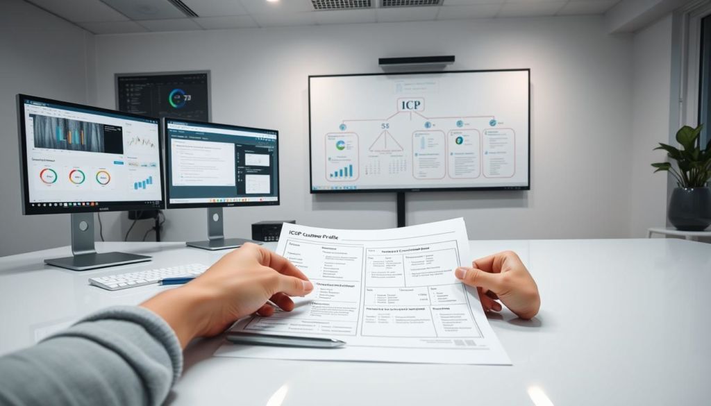 A pristine office workspace with an array of data visualization tools and analytics software open on the computer screens. In the foreground, a person's hands meticulously collating and organizing customer data on a sleek, modern desk. Behind them, a large whiteboard displays a neatly diagrammed ICP (Ideal Customer Profile) framework, with key attributes and demographic details. Soft, directional lighting illuminates the scene, creating a focused, productive atmosphere. The overall composition conveys a sense of purpose and strategic data-driven decision-making around defining the perfect ICP.