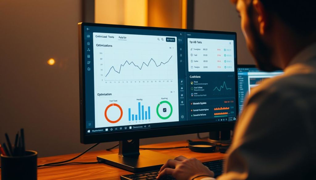 A professional A/B test in-progress displayed on a computer screen, with graphs, statistics, and optimization options. The scene is lit with a warm, focused light, capturing the analytical, data-driven nature of the task. The user interface is clean and intuitive, allowing for easy manipulation of test parameters. The overall mood is one of thoughtful concentration, with the emphasis on data-driven decision making.