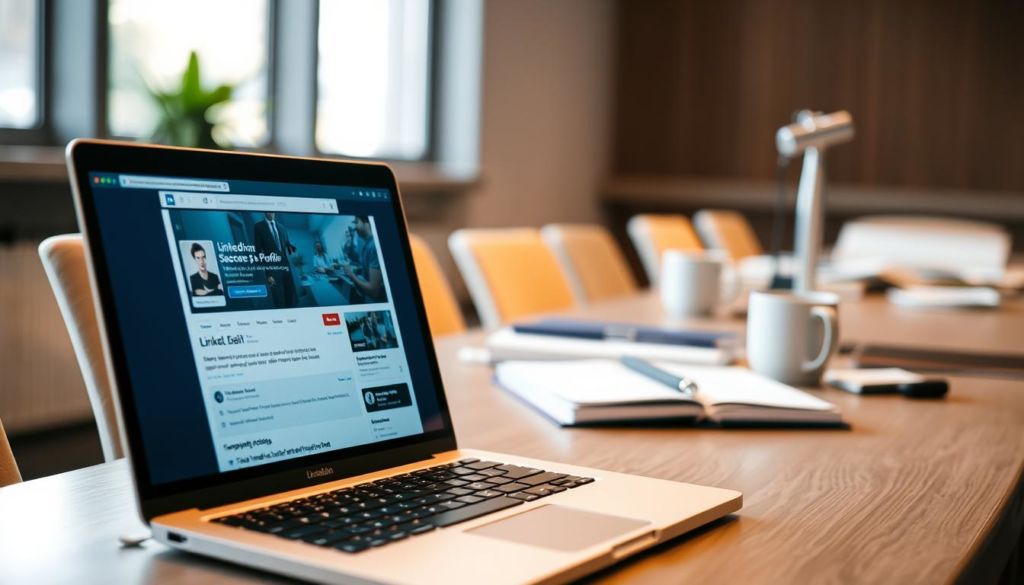 A professional LinkedIn profile against a blurred backdrop of a modern office setting. In the foreground, a laptop with a LinkedIn homepage open, showcasing a polished digital resume. Behind it, a neatly organized desk with a planner, coffee mug, and other office accessories. The lighting is soft and warm, creating a productive, yet tranquil atmosphere. The perspective is slightly elevated, giving a sense of authority and importance to the professional network. The color palette is muted, with shades of blue, gray, and beige, reflecting the corporate and career-focused nature of the platform.