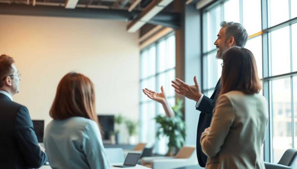 A professional and charismatic business leader standing at the front of a bright, modern office space, gesturing enthusiastically while addressing a group of attentive employees. The scene is illuminated by natural light streaming through large windows, casting a warm, inspiring glow. The leader's body language and facial expression convey a sense of energy, positivity, and genuine engagement, exemplifying the role of leadership in fostering a collaborative, motivating work environment. The background features sleek, minimalist decor and office furnishings, creating a polished, sophisticated atmosphere conducive to effective internal communication and employee engagement.