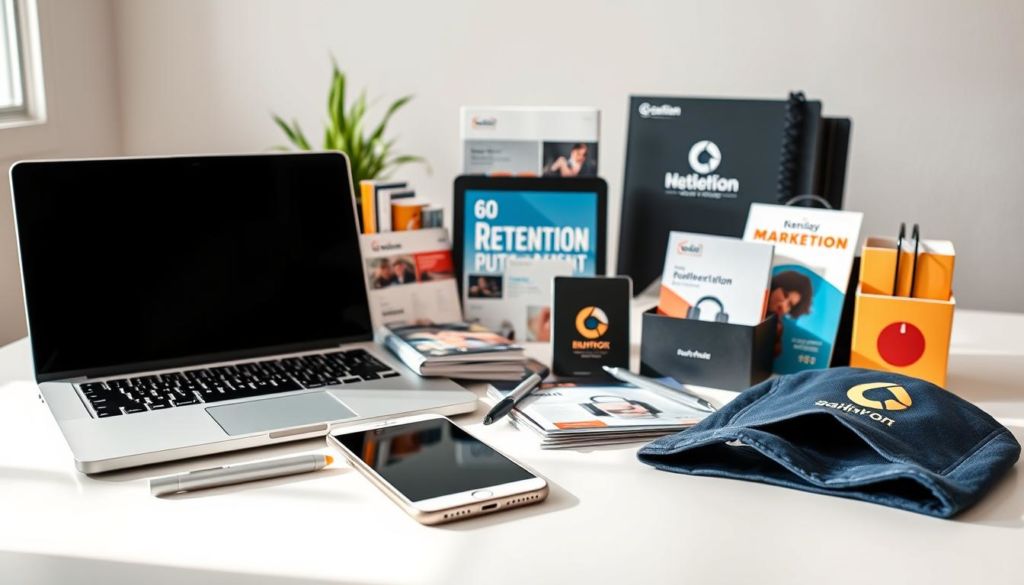A professional and visually captivating still life composed of various marketing retention tools, shot with a crisp, high-resolution lens in soft, natural lighting. In the foreground, an arrangement of essential digital marketing elements such as a laptop, smartphone, and tablet, conveying the digital nature of modern retention strategies. In the middle ground, physical marketing materials like brochures, flyers, and branded merchandise, symbolizing the importance of a multi-channel approach. The background features a clean, minimalist workspace setting, creating a sense of productivity and efficiency. The overall mood is one of organization, professionalism, and a focus on effective customer retention.