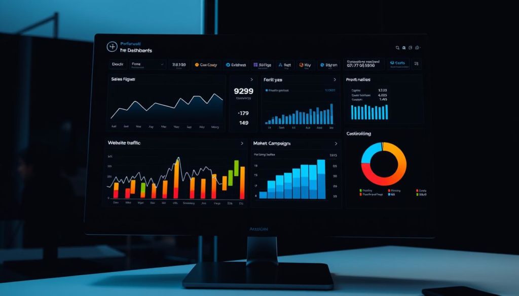 A professional business dashboard displaying a variety of performance metrics, including sales figures, website traffic, and marketing campaign data. The dashboard is presented on a sleek, modern computer monitor with a minimalist, high-contrast design. The metrics are displayed using clear, concise data visualizations such as line graphs, bar charts, and pie charts. The overall atmosphere is one of clarity, precision, and data-driven decision making, reflecting the need to optimize digital marketing campaigns for maximum return on investment.