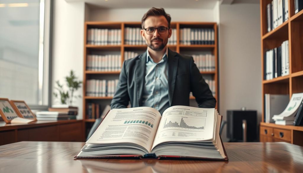 A professional business leader standing confidently in a modern, well-lit office, surrounded by shelves of books and financial reports. The focal point is a large, open textbook resting on a polished wooden desk, its pages revealing detailed charts and diagrams. Subtle lighting casts a warm glow, emphasizing the intellectual and academic nature of the scene. The overall atmosphere is one of focus, discipline, and the pursuit of advanced management knowledge. The individual's posture and expression convey a sense of purpose and determination to master the complexities of business administration.