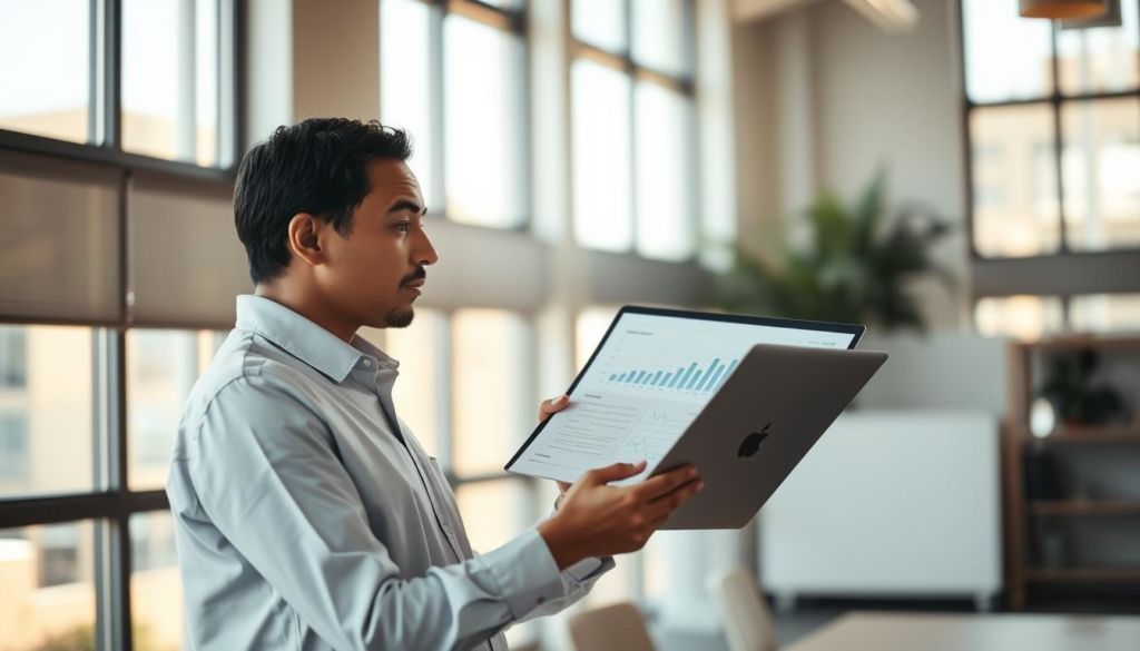 A professional business person standing in a modern office, carefully reviewing documents and financial charts on a laptop screen. The scene is bathed in warm, natural light from large windows, creating a serene and thoughtful atmosphere. The person's expression is focused, indicating the process of thoroughly evaluating the details to identify the right business advisory services. The background features minimalist decor, allowing the subject to remain the central focus. The overall composition conveys the importance of thoroughly assessing one's options to find the most suitable professional guidance for one's business needs.