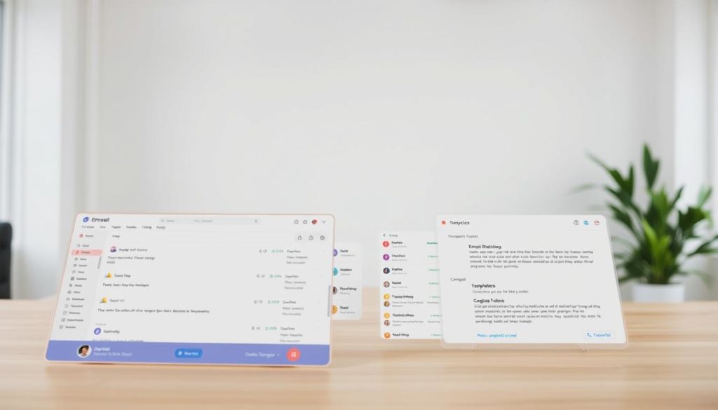 A professional, cleanly designed email interface with a minimalist layout, showcasing best practices for email reputation management. The foreground features a series of neatly organized inboxes, with clear visual indicators of message status and sender trustworthiness. The middle ground depicts email composition tools, equipped with customizable templates and security features. In the background, a serene, softly-lit office environment sets the tone of professionalism and attention to detail. The lighting is balanced, creating depth and emphasizing the clean, modern aesthetic. The camera angle is slightly elevated, conveying a sense of authority and expertise in email management best practices.