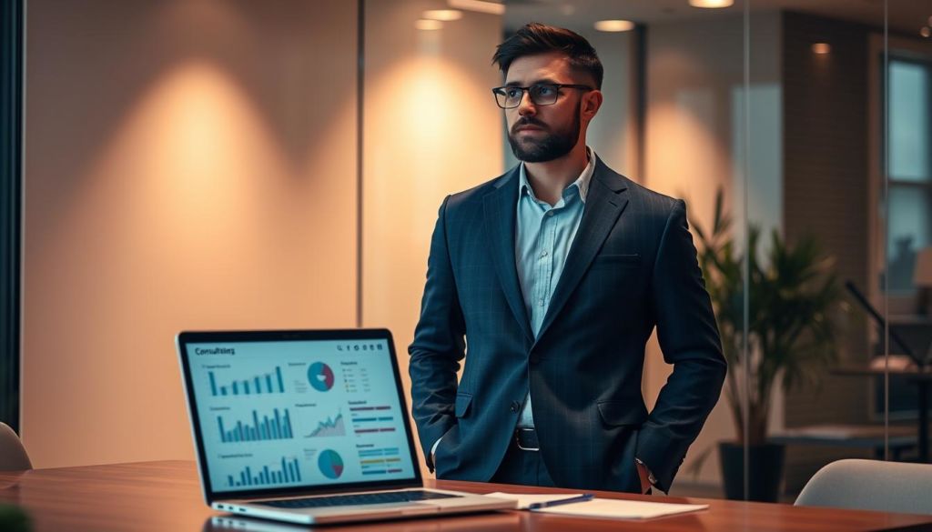 A professional consultant stands confidently in a modern office, dressed in a well-tailored suit. The lighting is soft and warm, creating a contemplative atmosphere. On the desk in front of them, a laptop displays charts and graphs, representing the consultative data they are analyzing. The background is tastefully blurred, allowing the focus to remain on the consultant's thoughtful expression as they consider the next steps in their advisory process. The scene conveys a sense of expertise, problem-solving, and a client-centric approach to sales.