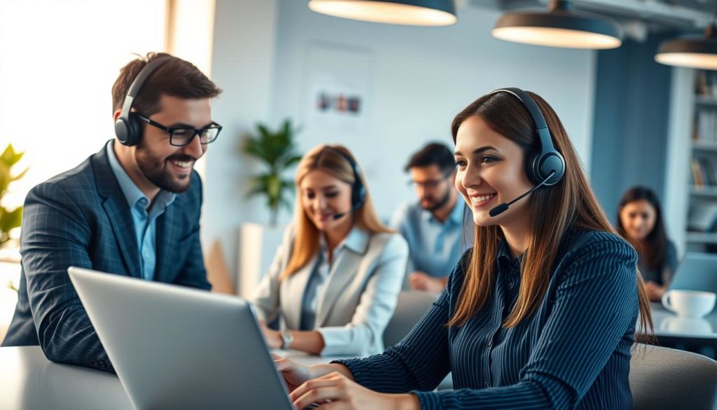 A professional customer support team working diligently in a modern, well-lit office setting. In the foreground, a customer service representative assists a client with a friendly, empathetic demeanor, their expressions conveying attentiveness and a desire to help. The middle ground features other team members collaborating on laptops, creating an atmosphere of efficient productivity. The background showcases a sleek, minimalist decor with tasteful accents, projecting an image of professionalism and reliability. The lighting is warm and inviting, creating a welcoming ambiance that reflects the company's commitment to providing top-notch customer support.