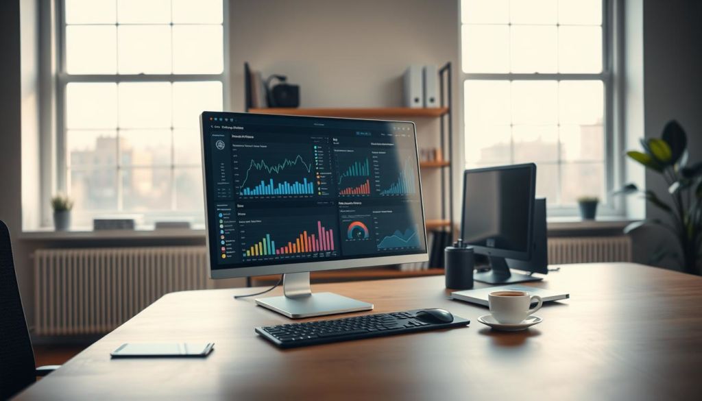 A professional data analyst desk with a modern, minimalist design. In the foreground, a sleek computer monitor displays a dashboard of analytics and performance metrics. Behind it, a neatly organized workspace with a keyboard, mouse, and a cup of coffee. In the middle ground, shelves hold data visualization books and reports. The background features large windows that flood the room with warm, natural lighting, creating a relaxed and productive atmosphere. The overall scene conveys a sense of focus, organization, and a commitment to monitoring and optimizing results.