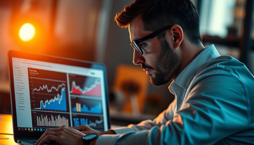 A professional data analyst meticulously reviewing the performance metrics of a Google AdWords campaign, with a laptop, charts, and graphs displayed on the screen. The scene is bathed in a warm, focused lighting, creating a contemplative, analytical atmosphere. The analyst's expression is one of deep concentration, as they scrutinize the data, seeking insights to optimize the campaign's effectiveness. The background is slightly blurred, placing the emphasis on the analyst's work. The overall composition conveys a sense of thoughtful, data-driven decision-making.