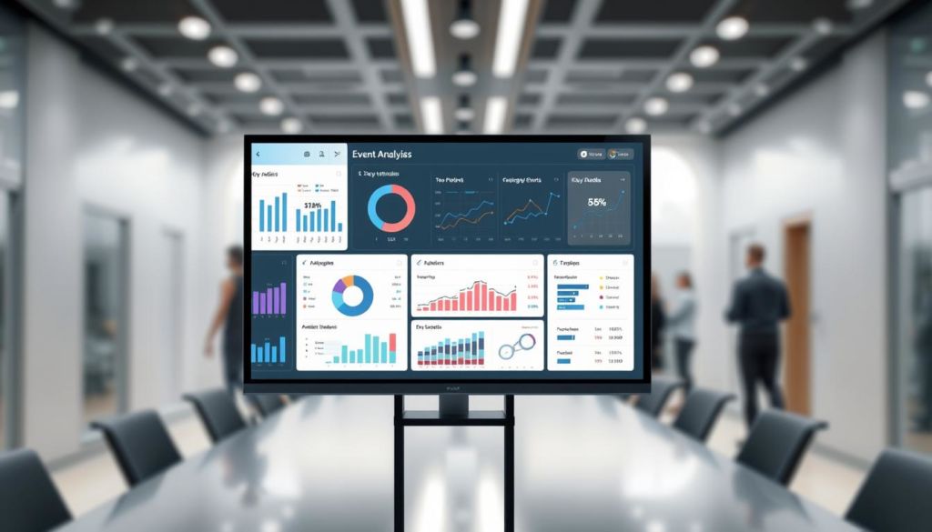 A professional event analysis dashboard displayed on a sleek electronic screen. In the foreground, a set of interactive charts and graphs present key performance metrics, event attendance figures, and participant feedback. The middle ground features a clean and minimalist user interface with intuitive controls, allowing the viewer to navigate and filter the analytical data. The background showcases a blurred, modern office setting with clean lines and neutral tones, creating a sophisticated and streamlined atmosphere. Crisp lighting from above casts a subtle glow on the screen, highlighting the clarity and precision of the analysis. The overall tone conveys a sense of data-driven insights and informed decision-making, perfectly suited for the "Análise de Resultados" section of the corporate event planning article.
