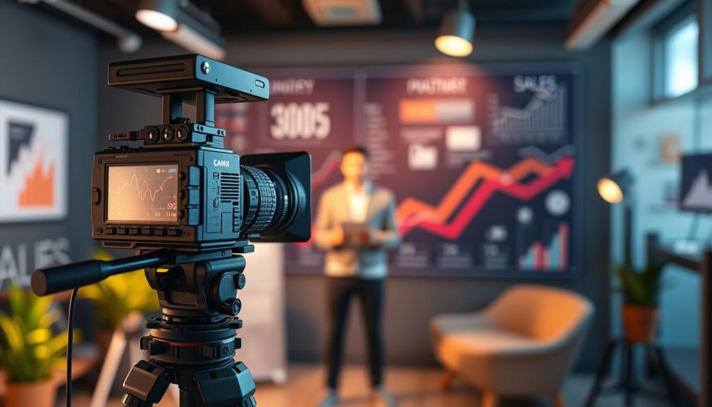 A professional, high-quality video production setup with a modern, sleek appearance. In the foreground, a studio-quality camera on a sturdy tripod, capturing the scene with a shallow depth of field. In the middle ground, a softly lit video subject, perhaps a product or spokesperson, against a blurred background of sales graphs, charts, and other visual elements representing the sales funnel. The lighting is warm and inviting, creating an atmosphere of professionalism and authority. The overall mood is one of strategic, deliberate video content creation as part of a comprehensive sales strategy.