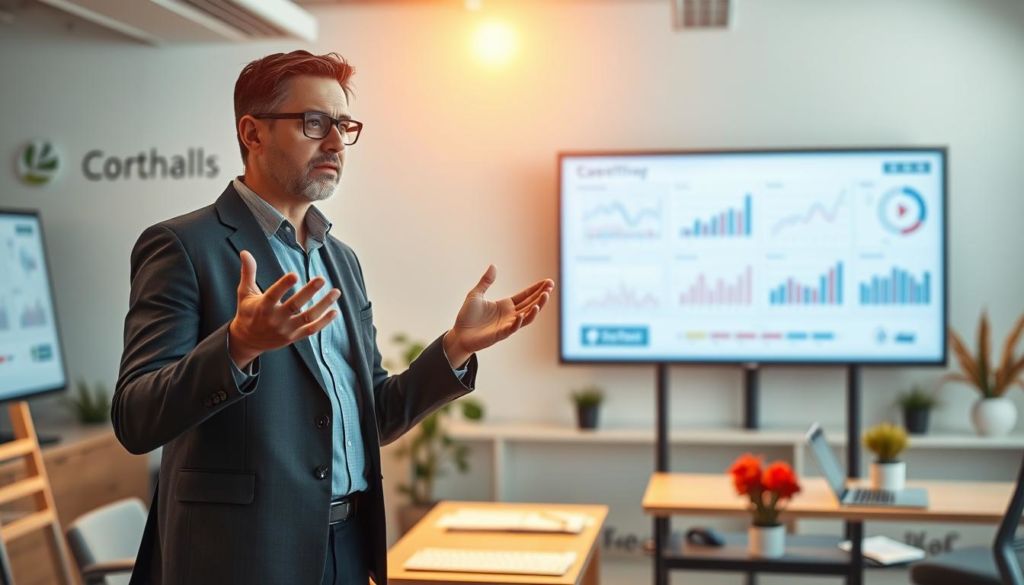 A professional-looking office setting with a salesperson standing confidently in the foreground, surrounded by visual aids and sales tools. The salesperson is making a persuasive presentation, gesturing towards charts and graphs displayed on a large screen behind them. The lighting is warm and focused, creating a sense of energy and dynamism. The background features a clean, minimalist design with subtle branding elements, suggesting a modern, high-performing sales environment. The overall atmosphere conveys a sense of efficiency, expertise, and successful sales techniques.