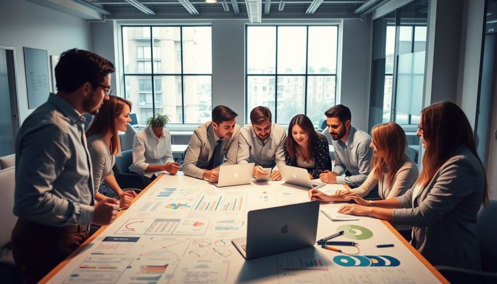 A professional-looking office setting, with a team of marketing experts gathered around a large table, deeply engaged in animated discussions. The foreground features a whiteboard filled with colorful diagrams, charts, and notes, reflecting the analytical and strategic nature of the "Test and Optimization of Campaigns" process. Soft, warm lighting illuminates the scene, creating a collaborative and focused atmosphere. In the middle ground, the team members lean in, laptops and notebooks open, examining data and brainstorming ideas. The background showcases a modern, minimalist office space with floor-to-ceiling windows, allowing natural light to filter in and highlighting the importance of this critical phase of the social media campaign development.