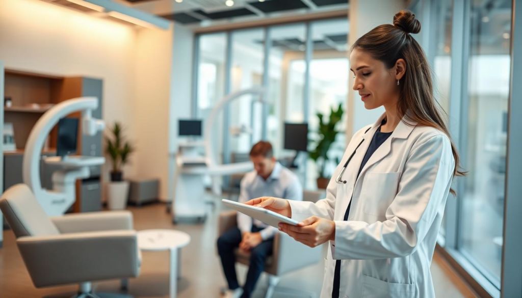 A professional medical office interior with a warm, inviting atmosphere. In the foreground, a woman in a white lab coat is gesturing towards a tablet computer, engaged in a consultation with a patient seated across from her. The middle ground features sleek, modern furnishings and medical equipment, creating a sense of technological sophistication. The background showcases floor-to-ceiling windows, allowing natural light to flood the space and creating a sense of openness and transparency. The overall mood is one of competence, innovation, and patient-centered care.