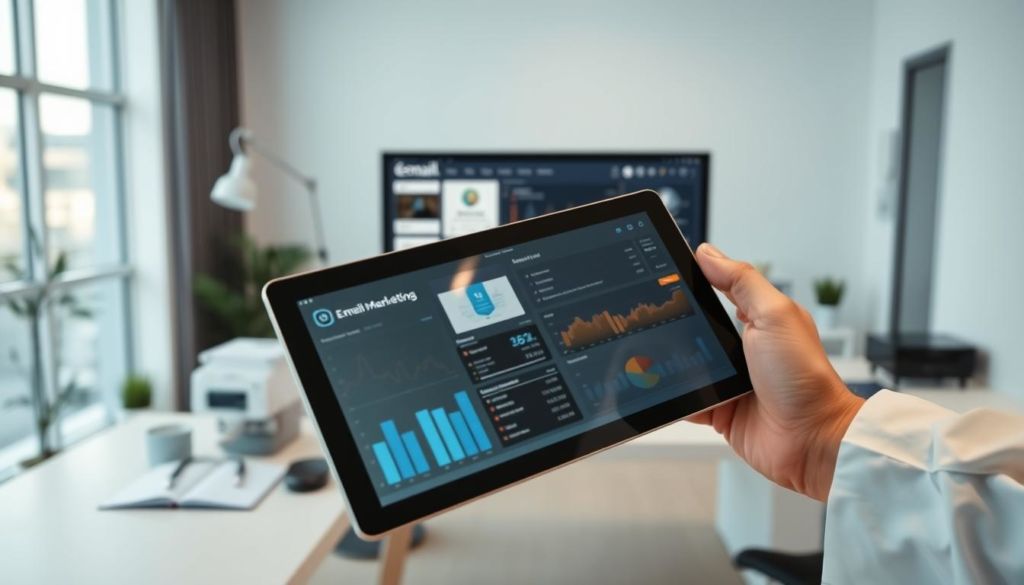 A professional medical practice with a modern, clean aesthetic. In the foreground, a doctor's hand holds a tablet displaying data and graphs, hinting at data-driven marketing strategies. The middle ground features a desktop computer with an email marketing dashboard open, surrounded by office supplies and medical equipment. The background showcases a minimalist, well-lit office space with large windows, highlighting a sense of technology, efficiency, and patient-centric care. Soft, even lighting creates a sophisticated, trustworthy atmosphere. The composition emphasizes the intersection of medicine and digital marketing, capturing the essence of innovative email marketing tactics in the medical sector.