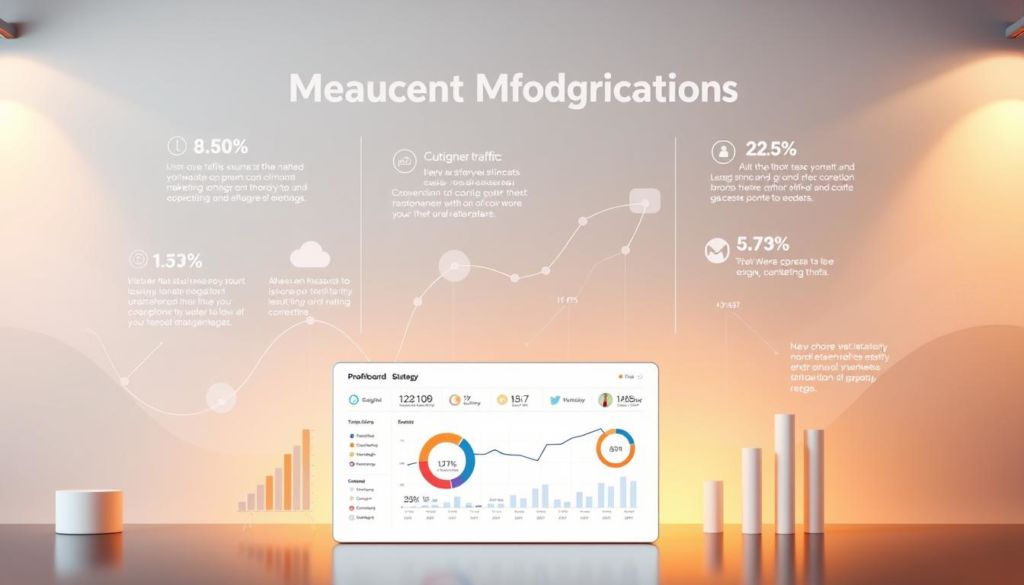 A professional, modern infographic showcasing key metrics and data visualizations for measuring the success of an inbound marketing strategy. In the foreground, a clean, minimal dashboard displays various KPIs such as website traffic, lead generation, conversion rates, and ROI. In the middle ground, abstract geometric shapes and lines flow dynamically, representing the flow of information and data analysis. The background features a soft, gradient color palette, with subtle textures and minimal design elements that complement the modern, data-driven theme. The overall scene is illuminated by warm, directional lighting that creates depth and emphasizes the clarity of the infographic elements.