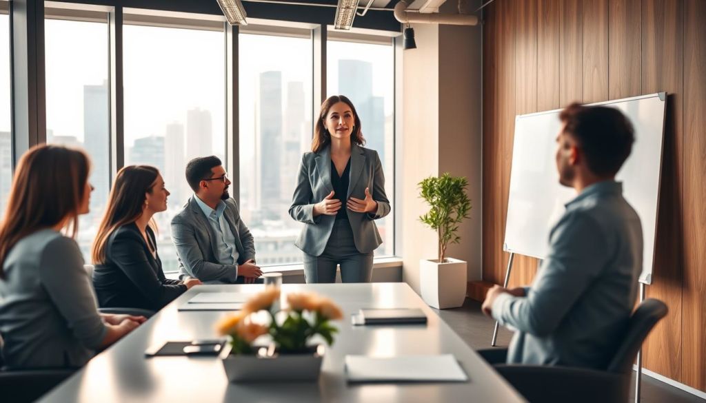 A professional, modern office interior with a warm, inviting atmosphere. In the foreground, a team of marketing experts gathered around a conference table, engaged in a lively discussion. Sleek, minimalist furniture and a large whiteboard on the wall suggest a collaborative workspace. In the middle ground, a well-dressed business executive stands, presenting to the team, her confident posture and gestures conveying expertise. The background features tall windows overlooking a bustling city skyline, bathed in soft, natural lighting. The overall scene captures the essence of a thriving marketing and image consultancy, where strategic thinking and creative vision come together to drive business success.