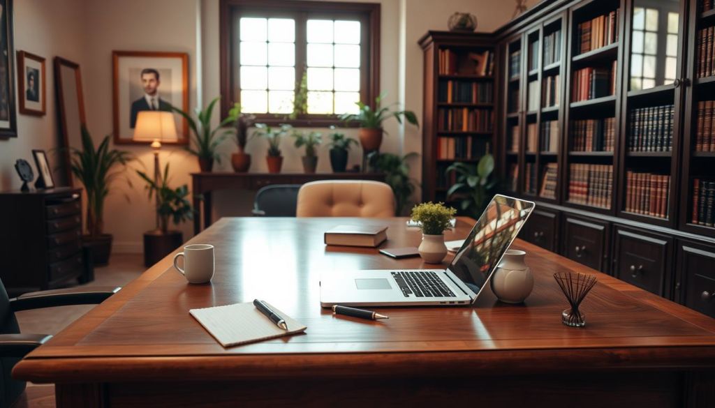 A professional office scene with a warm, inviting atmosphere. In the foreground, a well-crafted wooden desk with a laptop, pen, and notepad, symbolizing the tools of communication. Above the desk, a large window allows natural light to stream in, creating a soft, diffused illumination. In the middle ground, potted plants and framed artwork adorn the walls, adding a touch of personality and creativity. The background features elegant bookshelves, filled with volumes that suggest a wealth of knowledge and a commitment to continuous learning. The overall mood is one of thoughtfulness, professionalism, and a sense of connection, reflecting the "tonalidade de comunicação" that the article aims to convey.