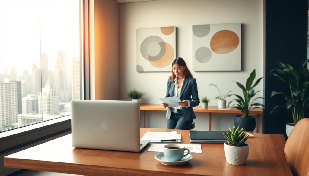 A professional office setting with a modern, minimalist aesthetic. In the foreground, a sleek wooden desk with a laptop, a cup of coffee, and a small succulent plant. Behind the desk, a large window overlooking a bustling city skyline, bathed in warm, natural light. In the middle ground, two business professionals engaged in a deep discussion, papers and documents scattered across the desk between them. The background features abstract, geometric wall art and a few potted plants, creating a calm, productive atmosphere. The lighting is soft and diffused, highlighting the subjects while maintaining an air of professionalism and success.